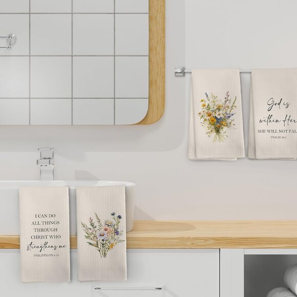 Christian Kitchen Towels Set 4 Bath Dishcloths Bible Verse God Gift - Picture 5 of 7